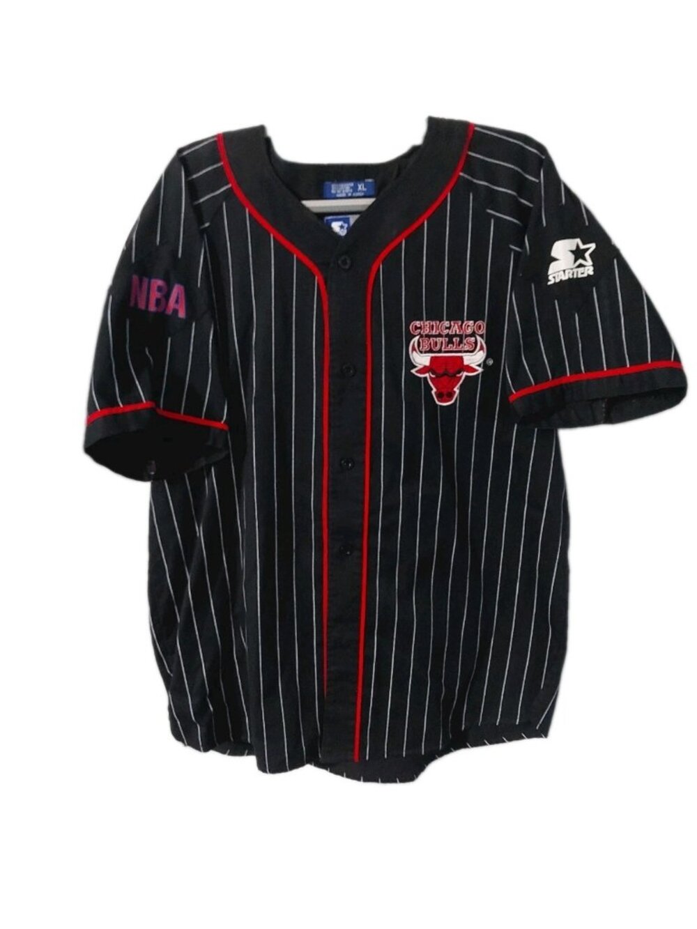 Starter Chicago Bulls Pin Stripe NBA Button Up Jersey size XL Vintage 1990s